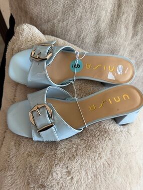 Unisa Light Blue Patent Buckle Block Heel Mules